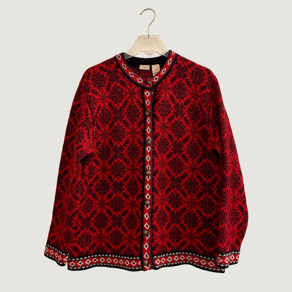LL Bean Womens Red Fair Isle Merino Wool Cardigan Sweater Large Pewter Buttons